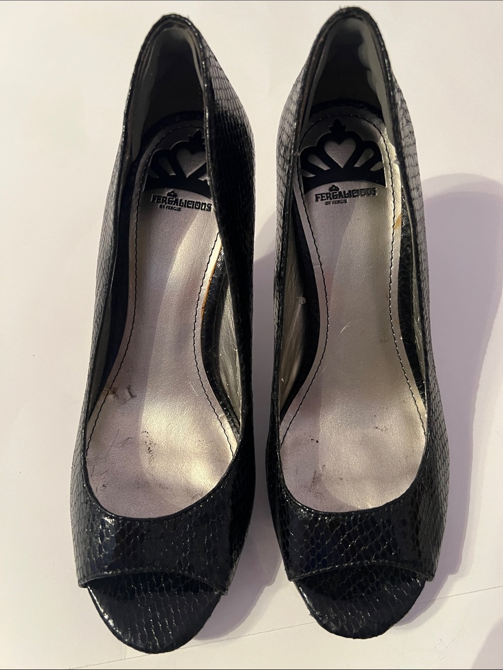 Fergalicious Black Faux Skin Peep-Toe Pumps Size 7